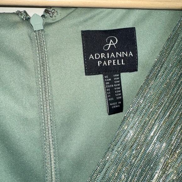 Adrianna Papell Plus Metallic Mesh Draped Gown Green Slate Long Sleeve Dress 14W - Picture 4 of 7